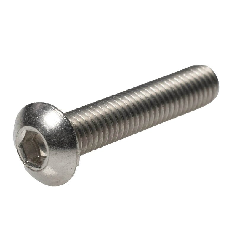 Stainless steel button head cap screw, #10-32 x 1.00", fully threaded for corrosion-resistant low-profile fastening.