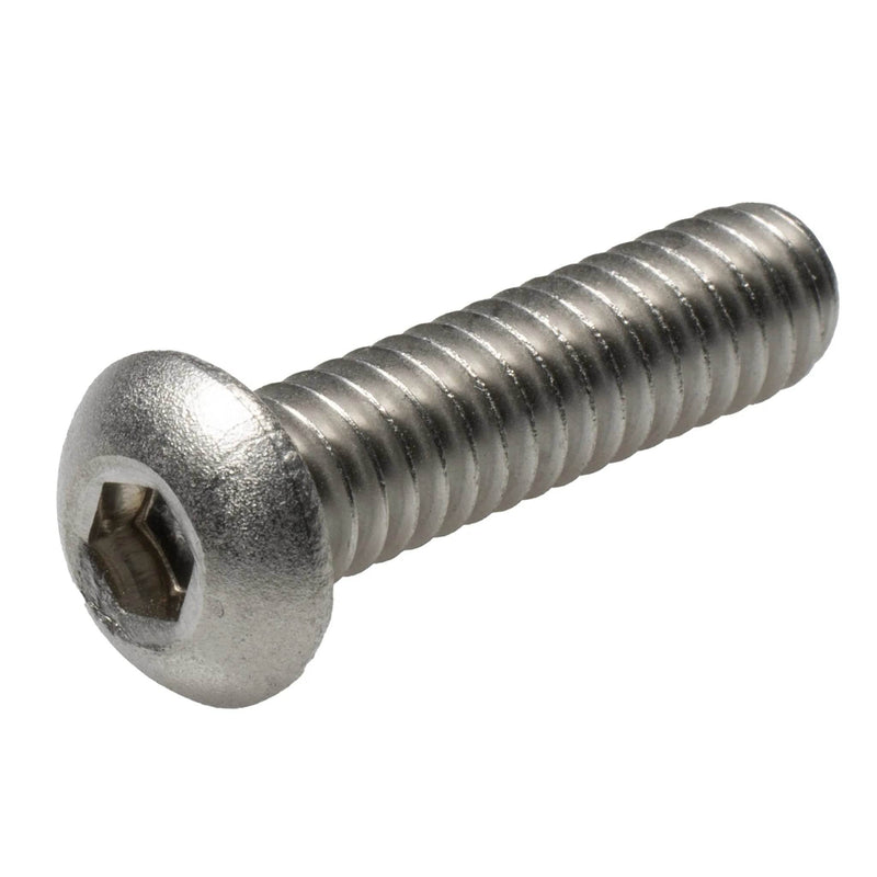 Stainless steel button head cap screw, 1/4"-20 x 1.00", fully threaded for corrosion-resistant low-profile fastening.