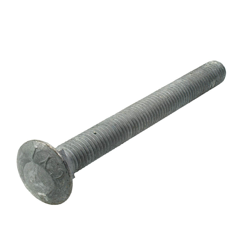 Grade 2 hot-dip galvanized carriage bolt, 1/2"-13 x 5.00", partially threaded for corrosion-resistant fastening in wood and metal assemblies.