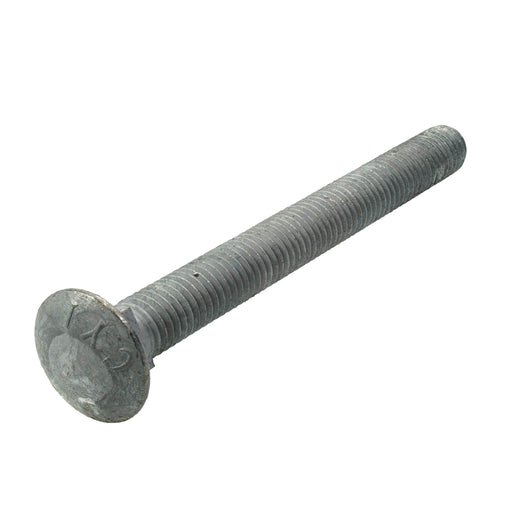 Grade 2 hot-dip galvanized carriage bolt, 1/2"-13 x 5.00", partially threaded for corrosion-resistant fastening in wood and metal assemblies.