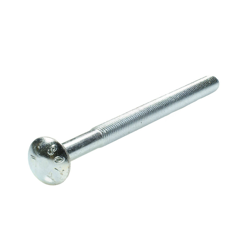 Grade 2 zinc-plated carriage bolt, 1/2"-13 x 8.00", partially threaded for secure fastening in wood and metal assemblies.