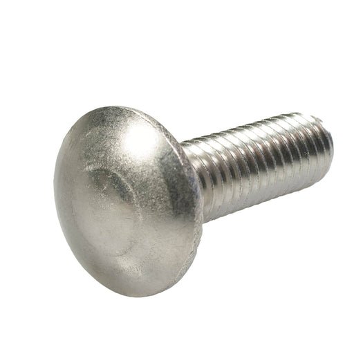 Stainless steel carriage bolt, 3/8"-16 x 1.25", fully threaded for corrosion-resistant fastening.