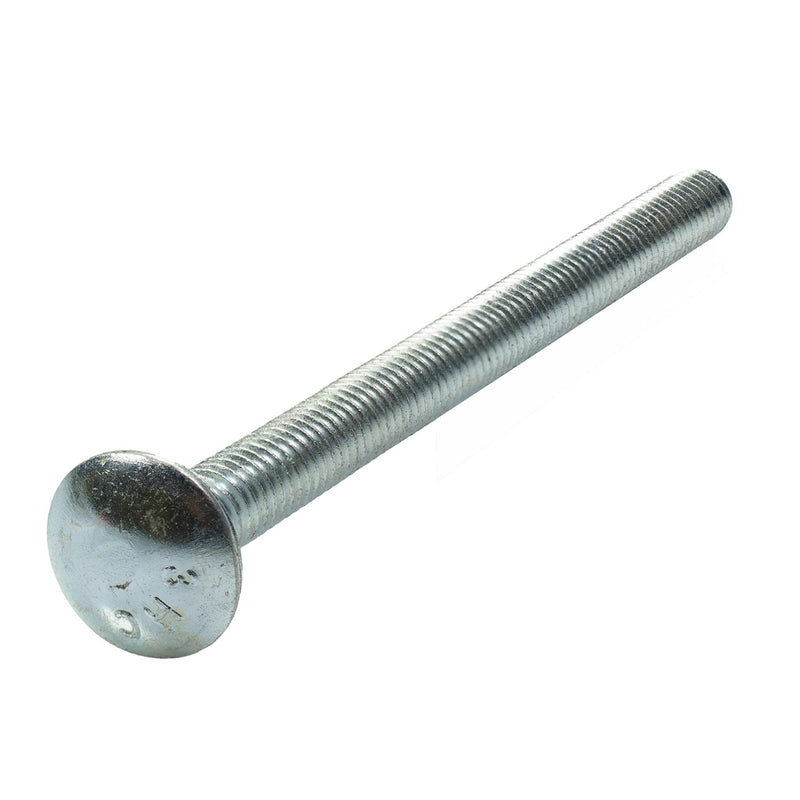 Zinc-plated carriage bolt, 3/8"-16 x 5.00", fully threaded for secure fastening in wood and metal assemblies.
