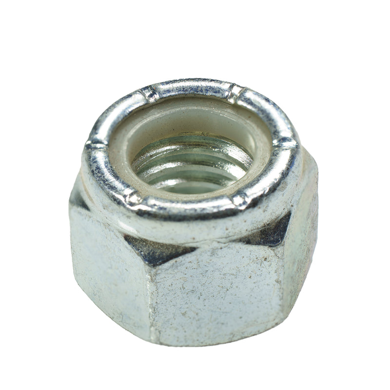 Zinc-plated nylon-insert locknut, 1/2"-13 size, for secure vibration-resistant fastening.