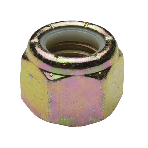 Grade 8 yellow zinc nylon-insert locknut, 3/4"-10 size, for secure vibration-resistant fastening.
