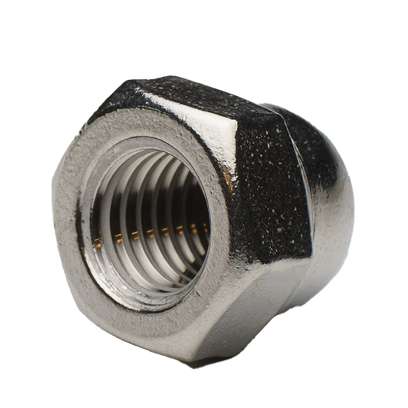 Stainless steel acorn nut, 5/8"-11 size, for finished-end protection and corrosion-resistant fastening.