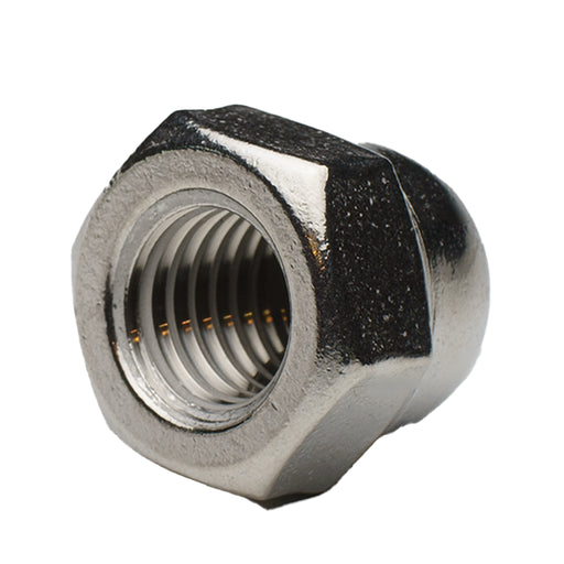 Stainless steel acorn nut, 5/8"-11 size, for finished-end protection and corrosion-resistant fastening.