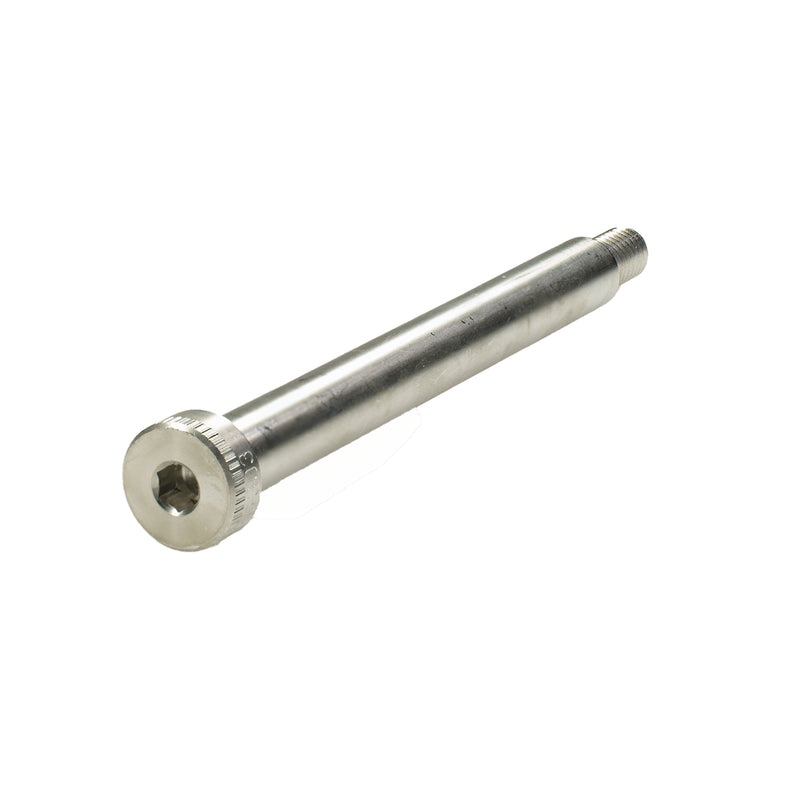 Stainless steel hex shoulder screw, 1/2" x 4.75" with 3/8"-16 thread, for precision alignment and industrial fastening.