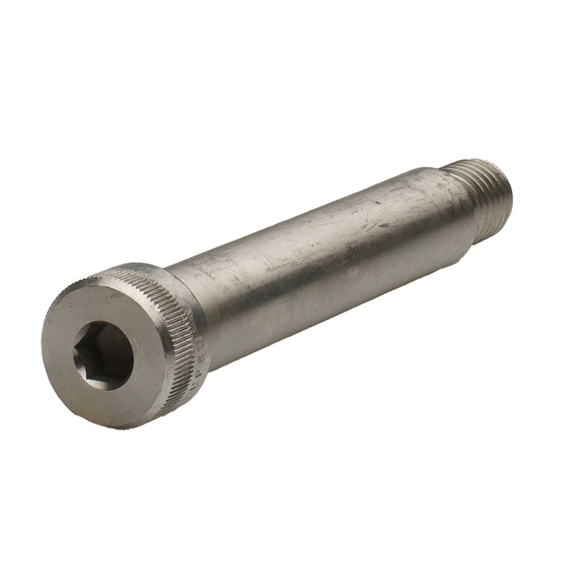Stainless steel hex shoulder screw, 3/4" x 4.00" with 5/8"-11 thread, for precision alignment and industrial fastening.