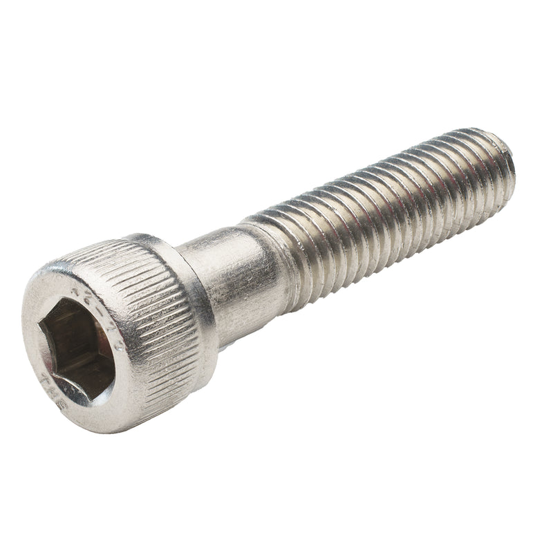 Stainless steel socket head cap screw, 3/8"-16 x 1.25", fully threaded for corrosion-resistant industrial fastening.