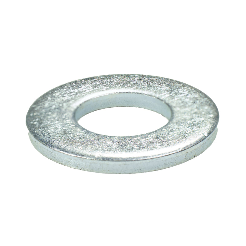 SAE Grade 8 zinc-plated flat washer, 1/2" size with 1.06" OD and 0.14" thickness, for high-strength load distribution.
