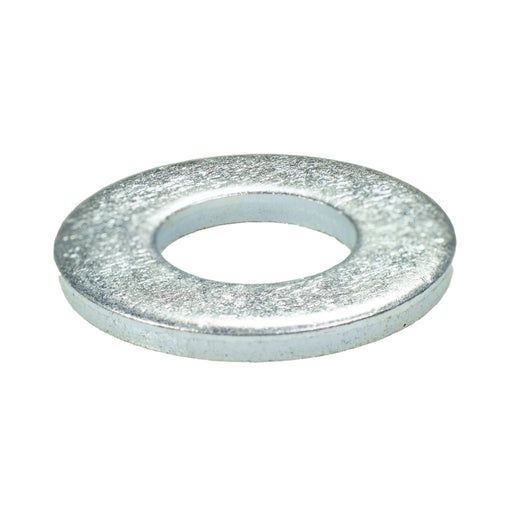 SAE Grade 8 zinc-plated flat washer, 1/2" size with 1.06" OD and 0.14" thickness, for high-strength load distribution.