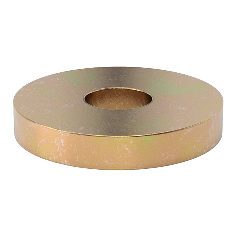 Yellow zinc flat washer, 3/8" size with 1.25" OD and 0.09" thickness, for secure load distribution.
