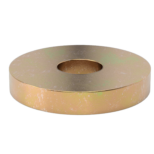 Yellow zinc flat washer, 3/8" size with 1.25" OD and 0.09" thickness, for secure load distribution.