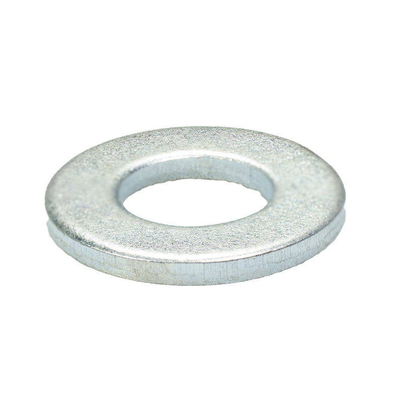 Zinc-plated SAE flat washer, 3/8" size with 0.817" OD and 0.068" thickness, for reliable load distribution.