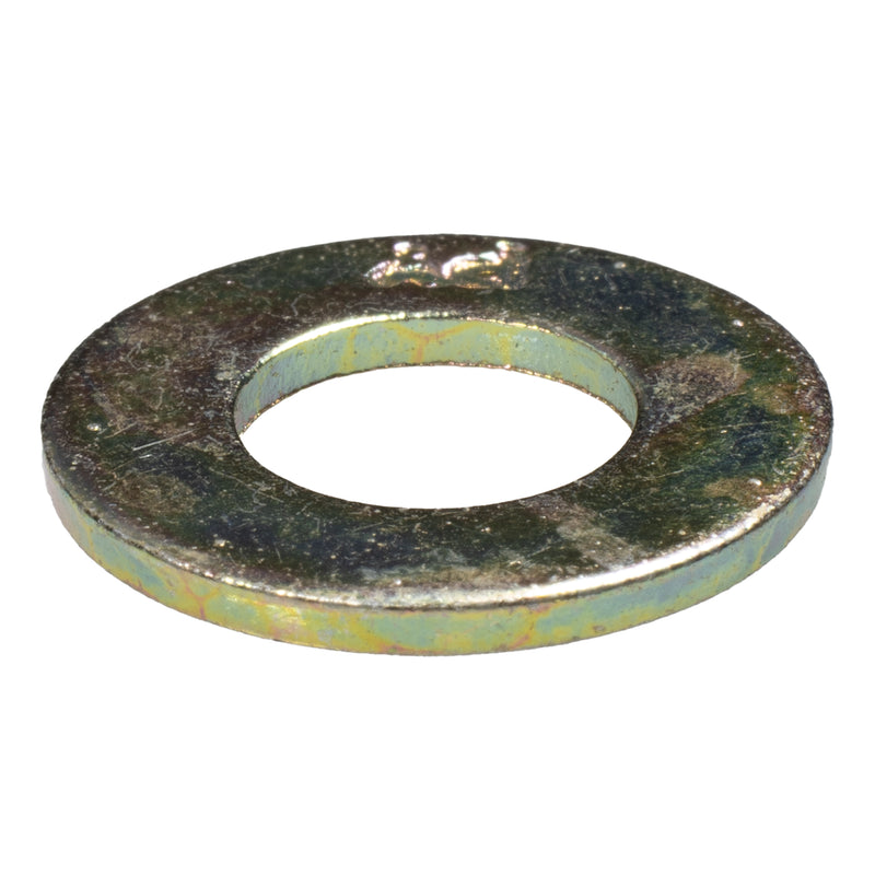 SAE Grade 8 yellow zinc flat washer, 5/16" size with 0.69" OD and 0.07" thickness, for high-strength load distribution.
