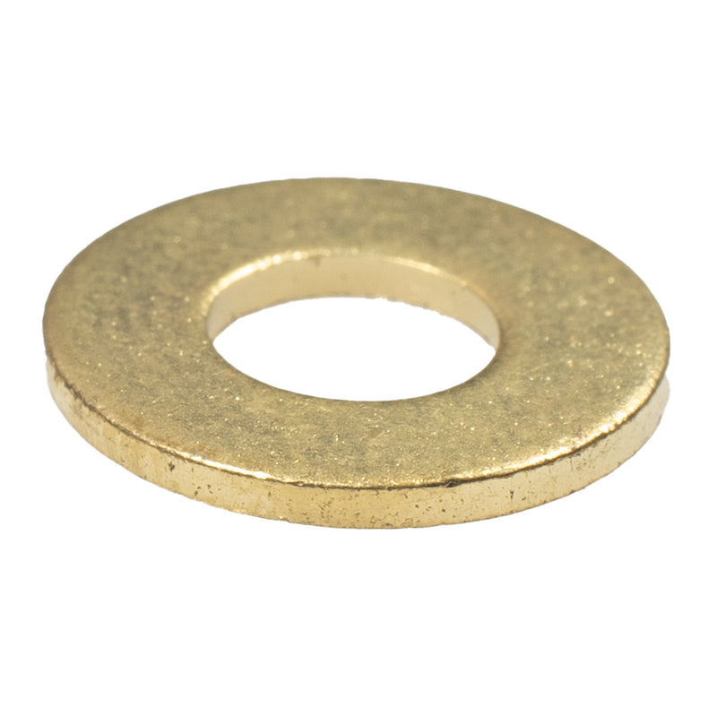 Brass flat washer, #8 size with 0.38" OD and 0.03" thickness, for corrosion-resistant load distribution.